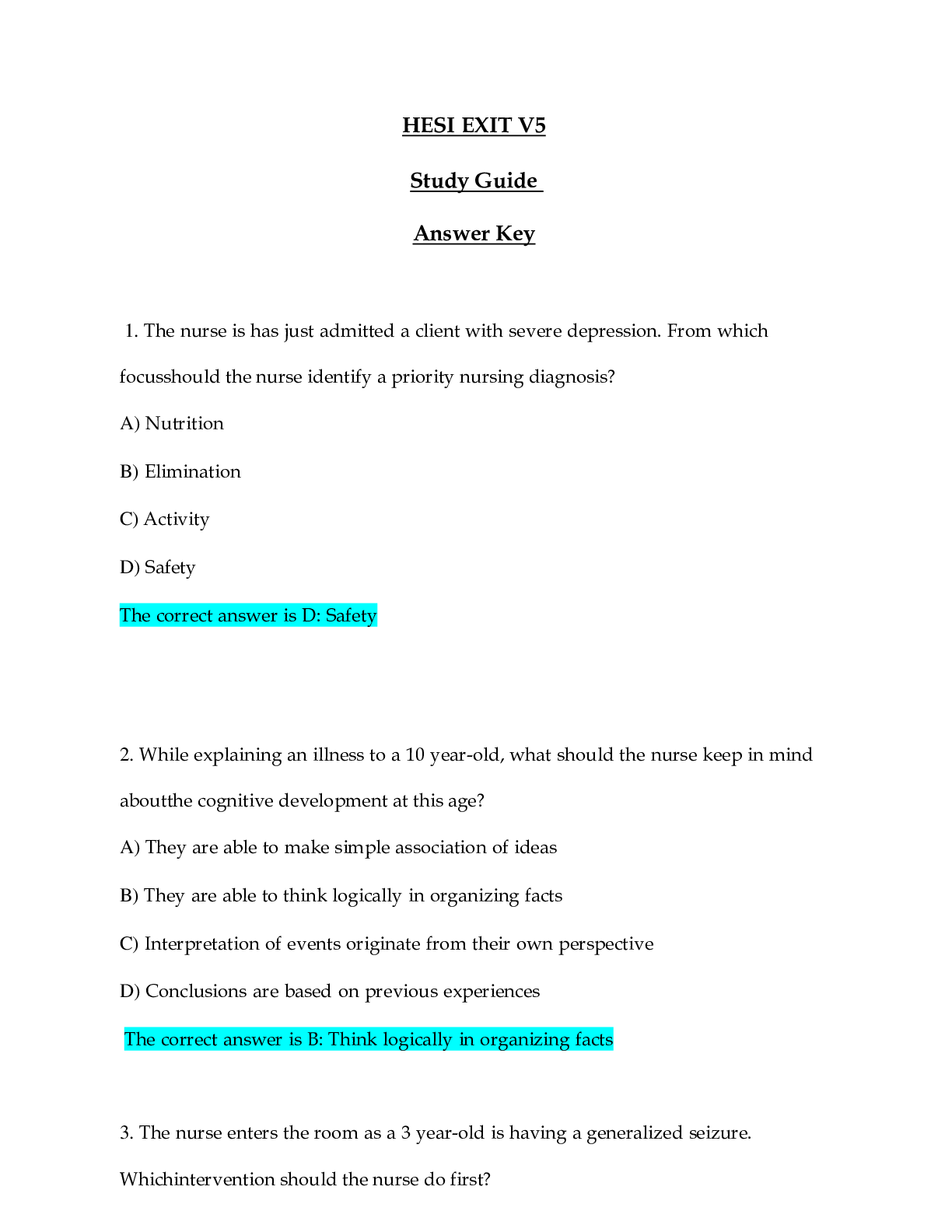 Preview of HESI EXIT V5 NEW (Latest Updated April  2021 Version) Correct Study Guide Questions and An
